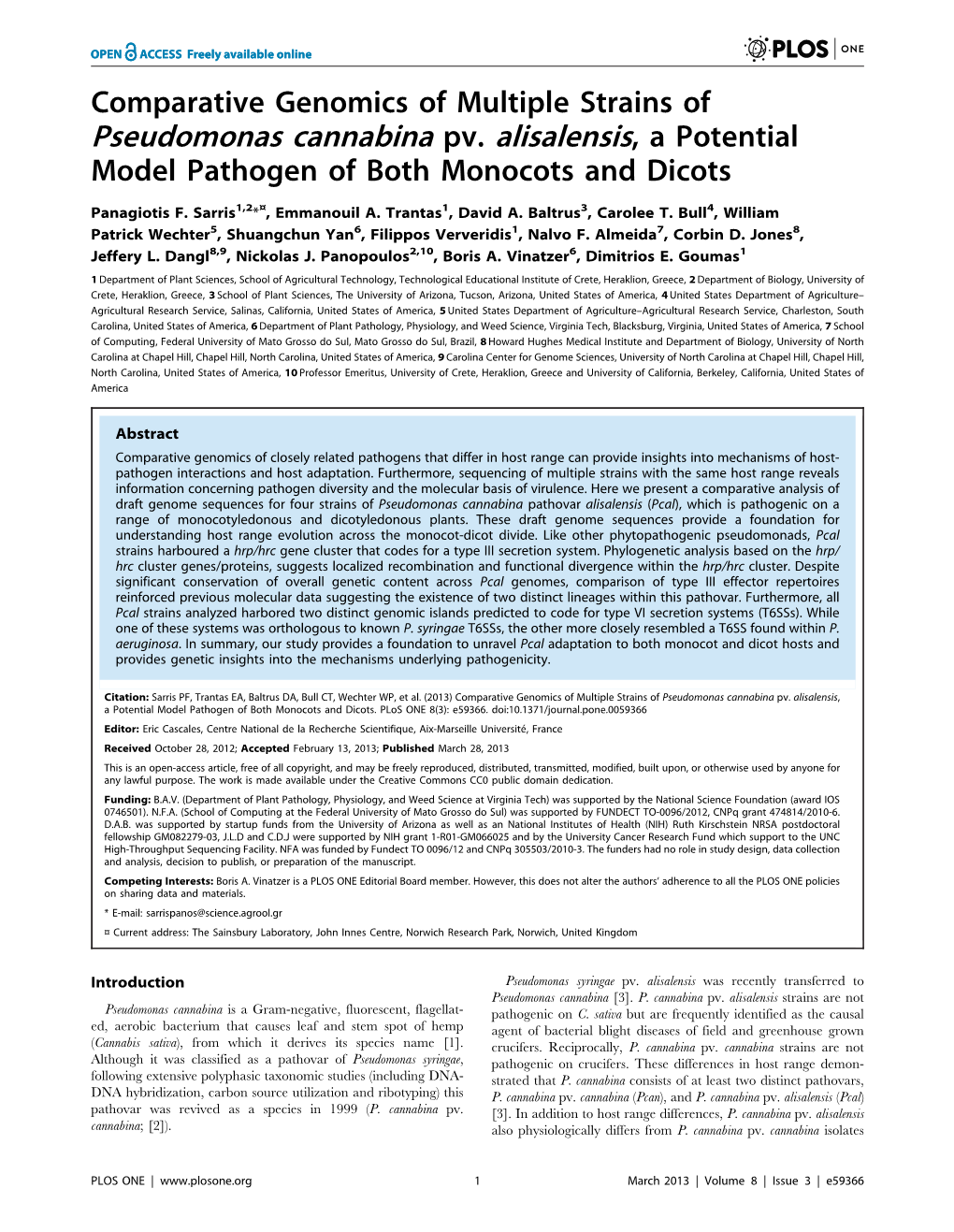 Pseudomonas Cannabina Pv. Alisalensis, a Potential Model Pathogen of Both Monocots and Dicots