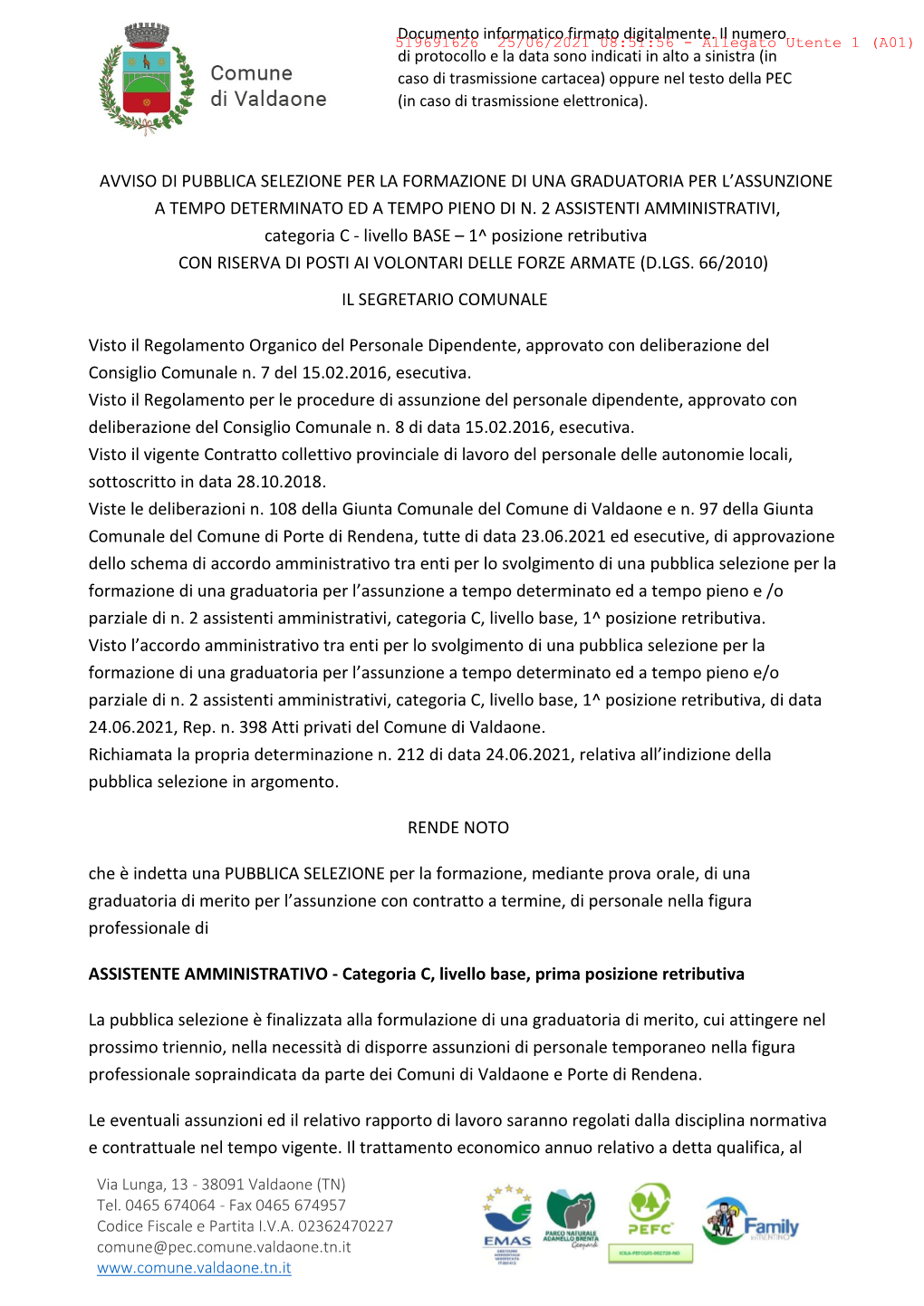 Avviso Di Pubblica Selezione Per La Formazione Di Una Graduatoria Per L’Assunzione a Tempo Determinato Ed a Tempo Pieno Di N