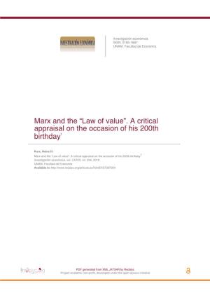 Marx and the “Law of Value”. a Critical Appraisal on the Occasion of His 200Th Birthday1