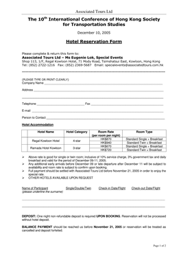 Associated Tours Ltd the 10Th International Conference of Hong Kong Society for Transportation Studies Hotel Reservation Form