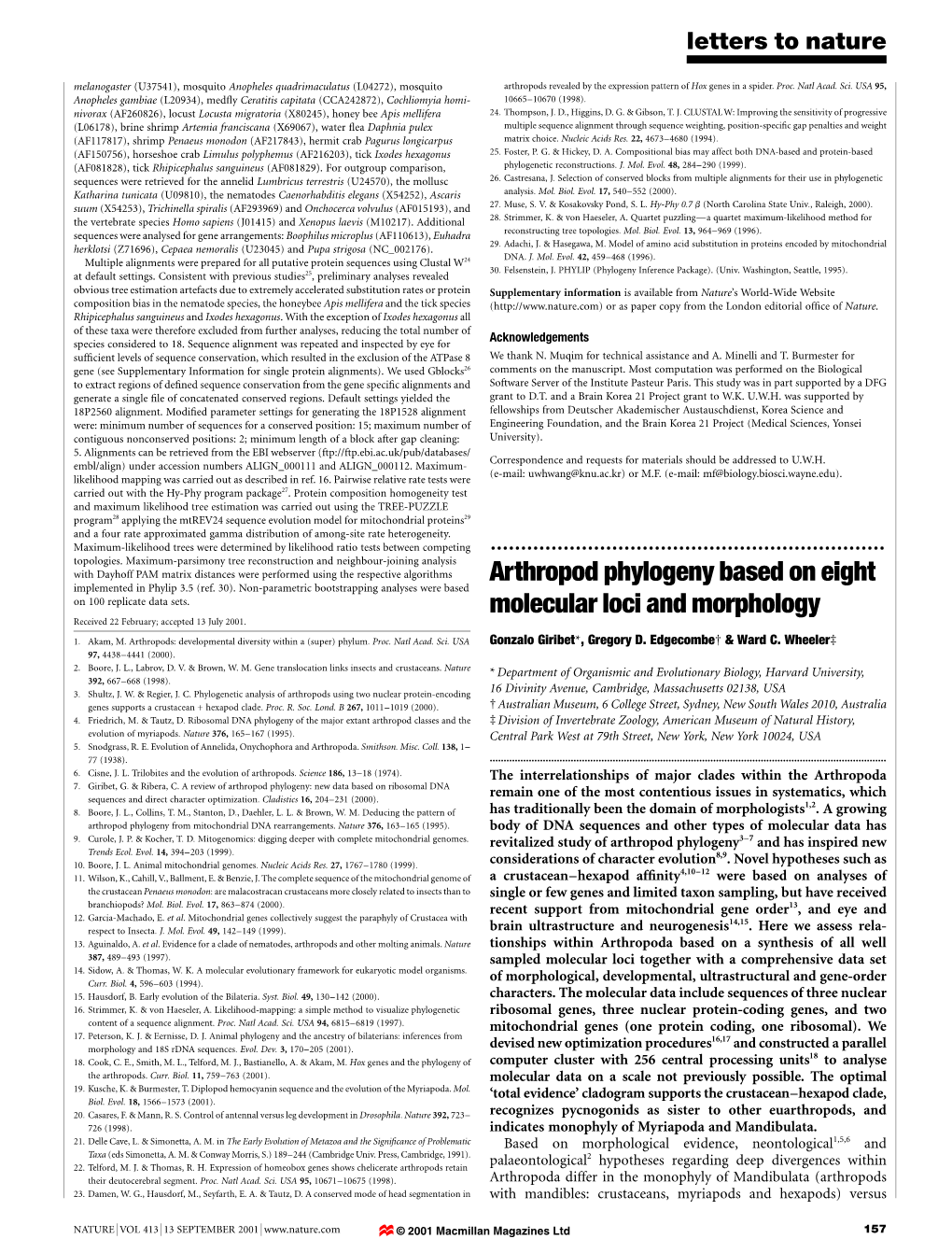 Arthropod Phylogeny Based on Eight Molecular Loci and Morphology