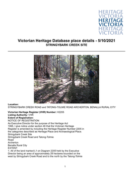 Victorian Heritage Database Place Details - 5/10/2021 STRINGYBARK CREEK SITE
