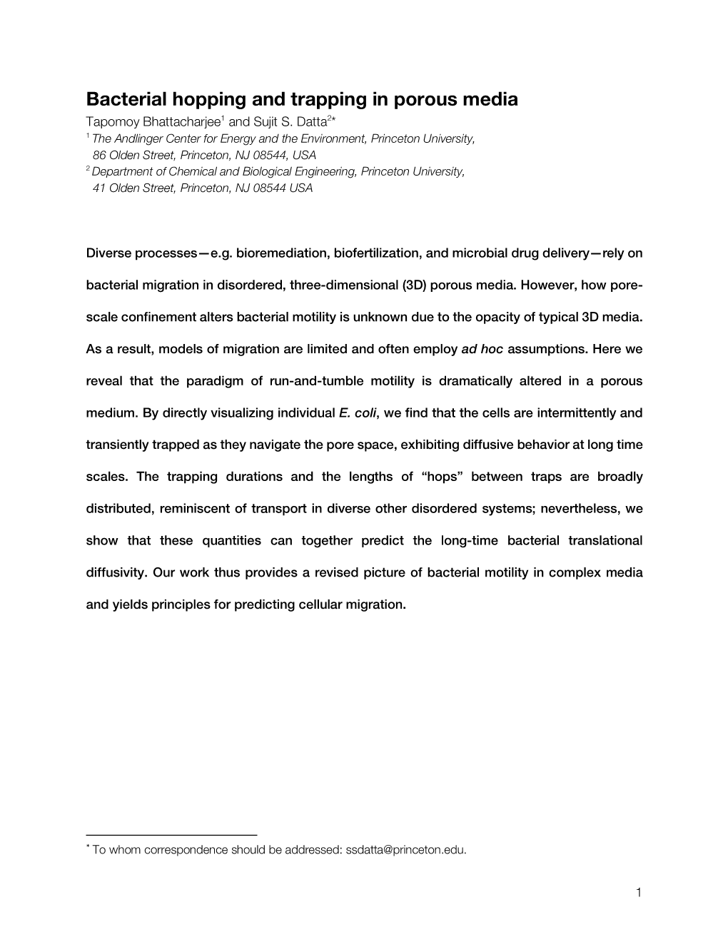 Bacterial Hopping and Trapping in Porous Media Tapomoy Bhattacharjee1 and Sujit S