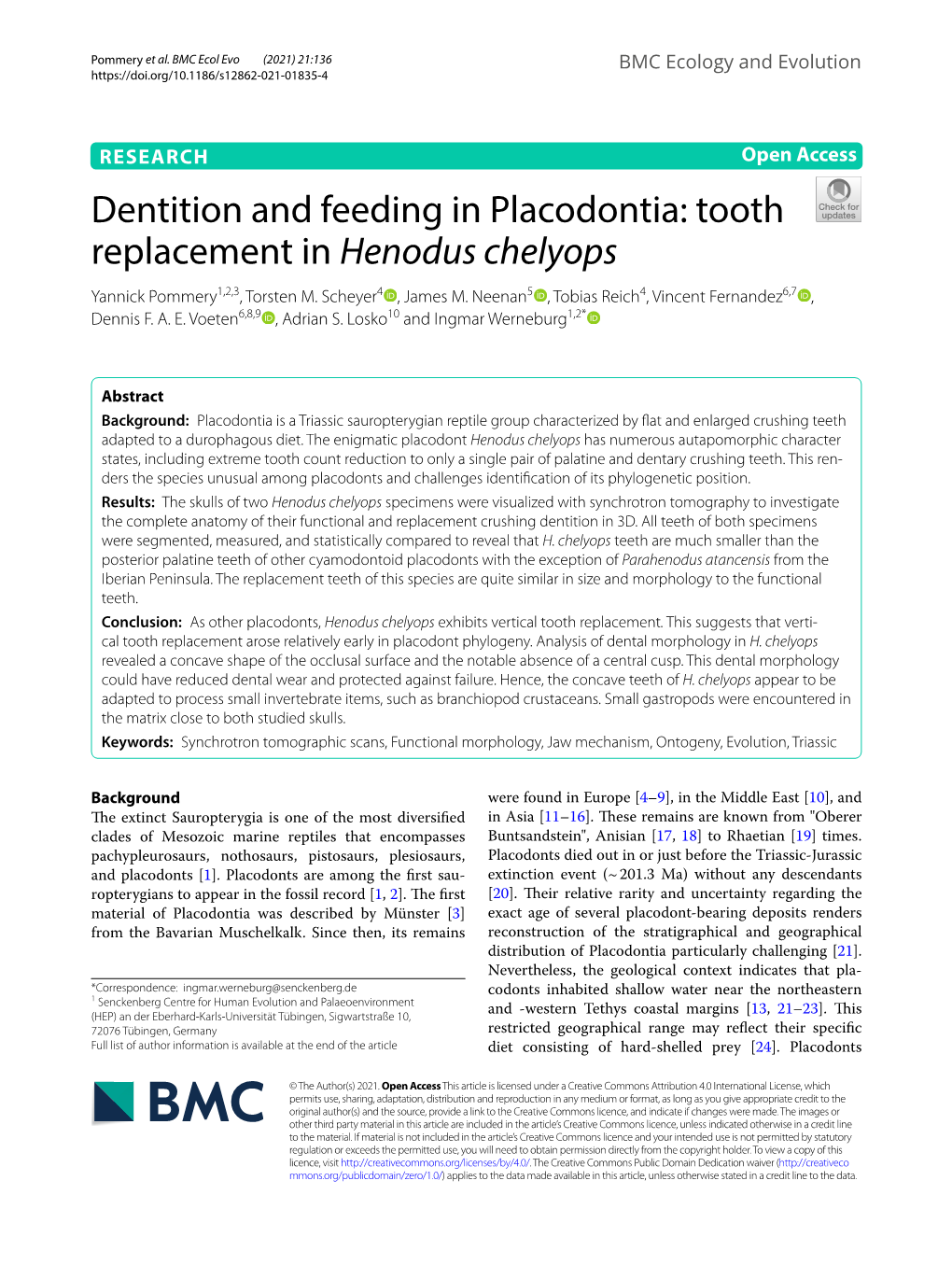 Dentition and Feeding in Placodontia: Tooth Replacement in Henodus Chelyops Yannick Pommery1,2,3, Torsten M