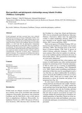 Host Specificity and Phylogenetic Relationships Among Atlantic Ovulidae (Mollusca: Gastropoda)