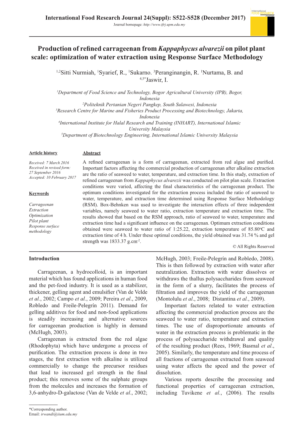 Production of Refined Carrageenan from Kappaphycus Alvarezii on Pilot