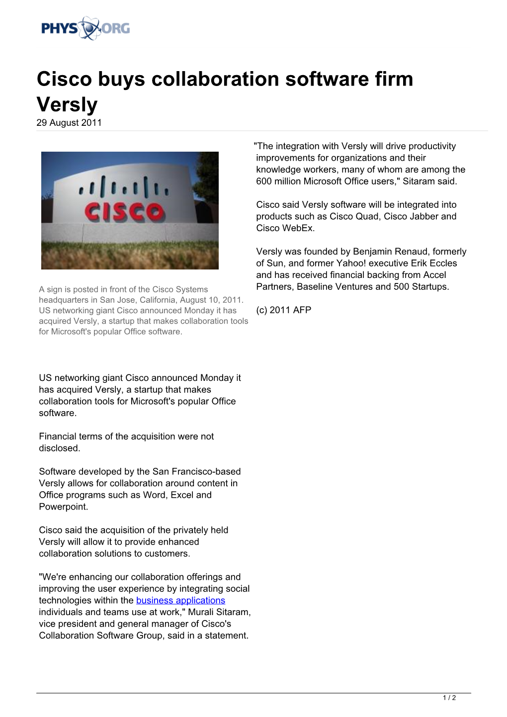 Cisco Buys Collaboration Software Firm Versly 29 August 2011