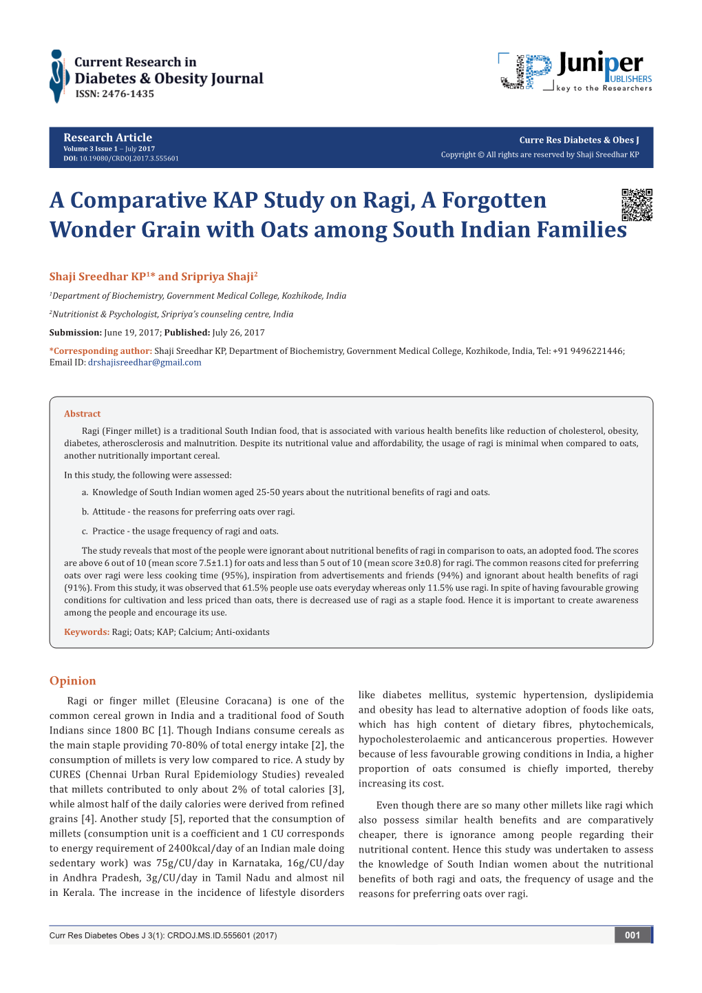 A Comparative KAP Study on Ragi, a Forgotten Wonder Grain with Oats Among South Indian Families