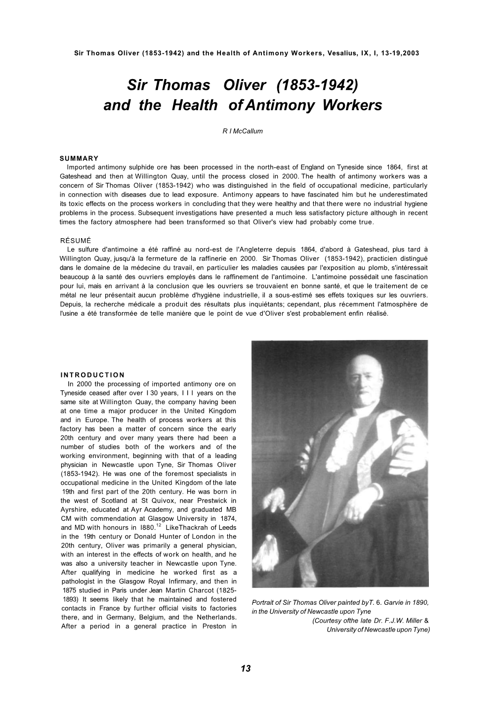 Sir Thomas Oliver (1853-1942) and the Health of Antimony Workers, Vesalius, IX, I, 13-19,2003