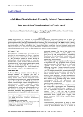 Adult Onset Nesidioblastosis Treated by Subtotal Pancreatectomy