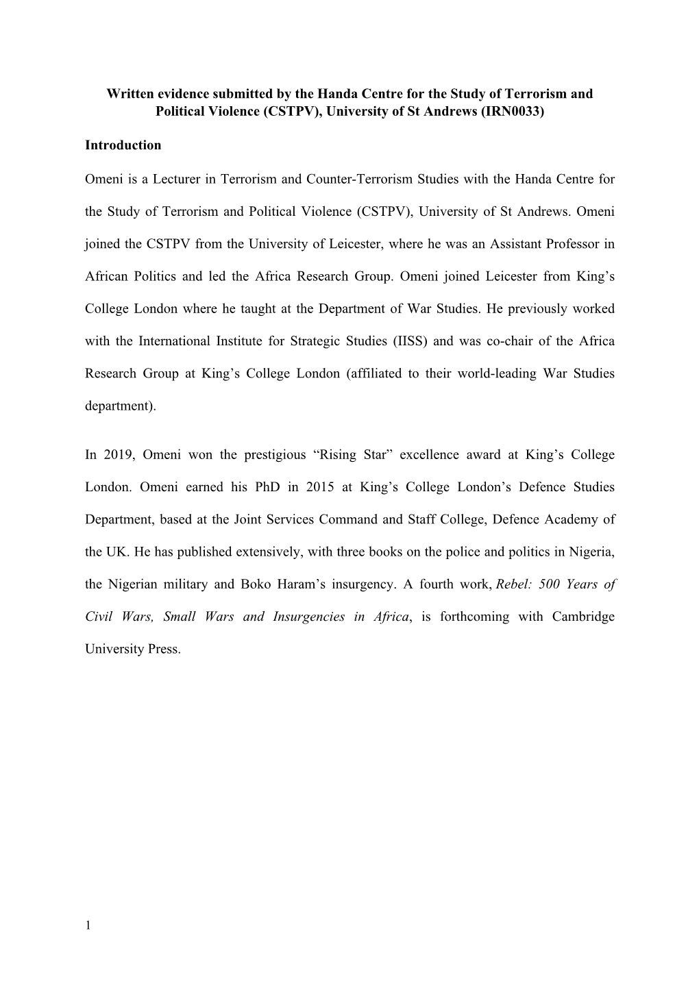 Written Evidence Submitted by the Handa Centre for the Study of Terrorism and Political Violence (CSTPV), University of St Andrews (IRN0033)