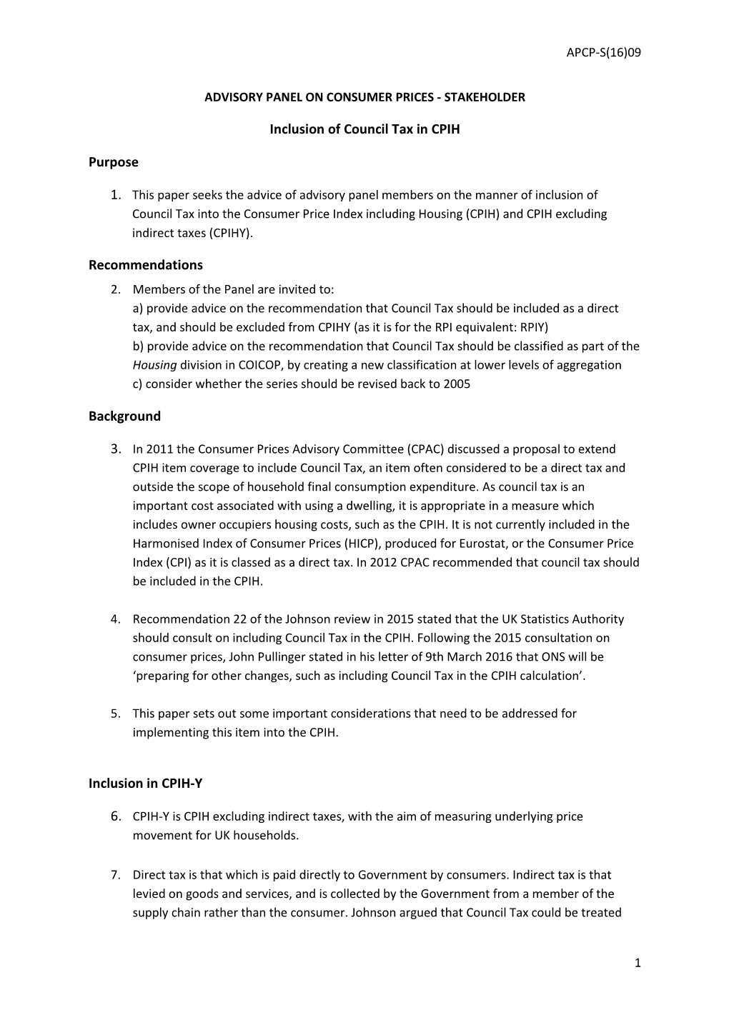 Inclusion of Council Tax in CPIH