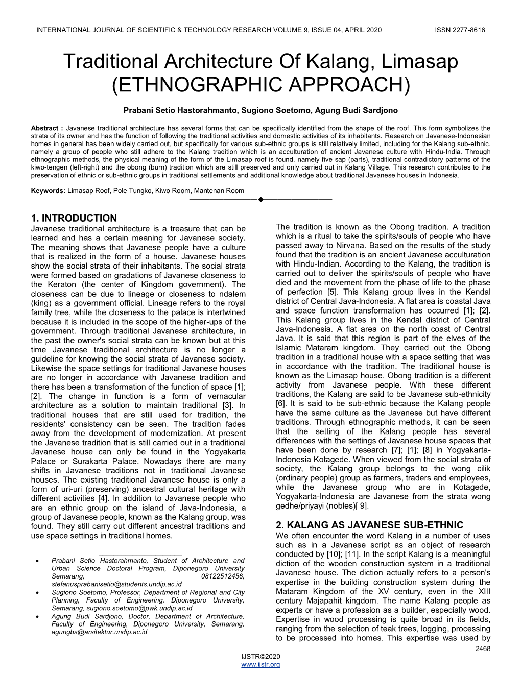 Traditional Architecture of Kalang, Limasap (ETHNOGRAPHIC APPROACH)