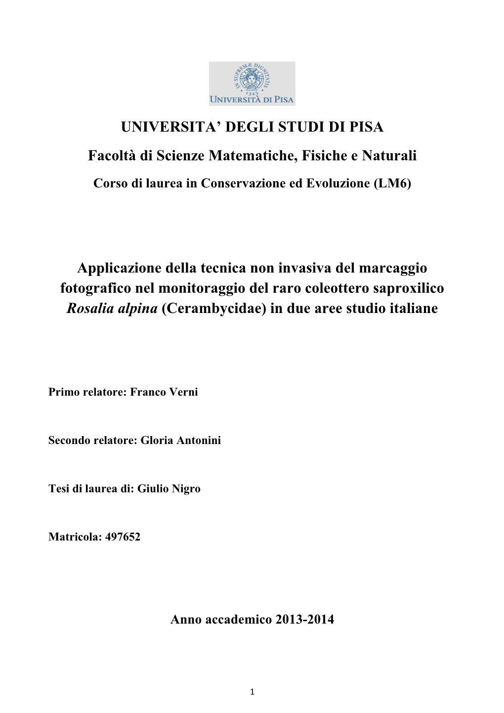 UNIVERSITA' DEGLI STUDI DI PISA Facoltà Di Scienze Matematiche