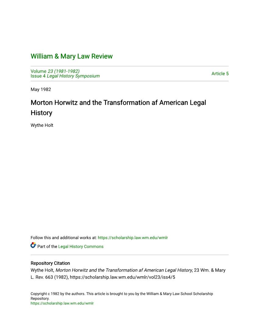 Morton Horwitz and the Transformation Af American Legal History