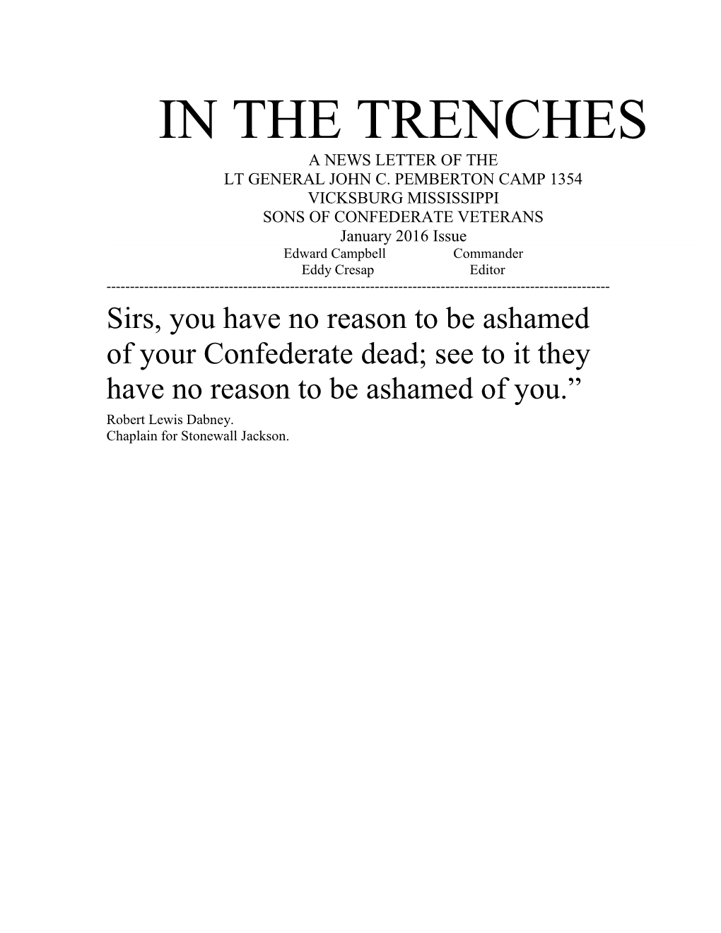 In the Trenches a News Letter of the Lt General John C