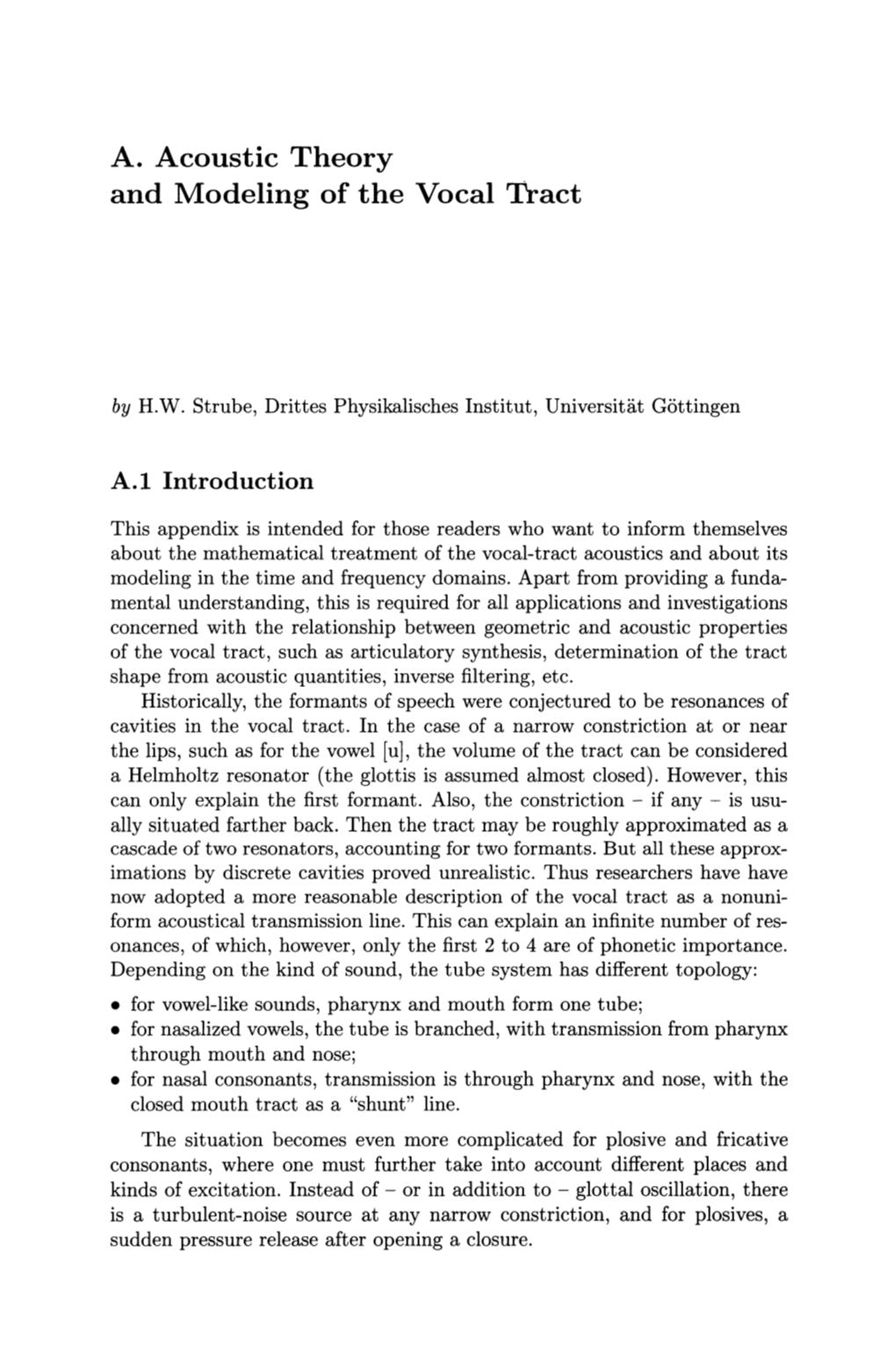 A. Acoustic Theory and Modeling of the Vocal Tract