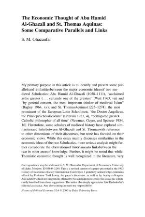 The Economic Thought of Abu Hamid Al-Ghazali and St. Thomas Aquinas: Some Comparative Parallels and Links S