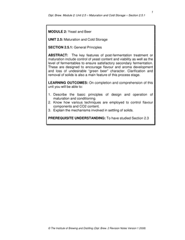 1 Dipl. Brew. Module 2: Unit 2.5 – Maturation and Cold Storage – Section 2.5.1