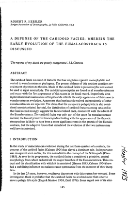 A Defense of the Caridoid Facies; Wherein the Early Evolution of the Eumalacostraca Is Discussed