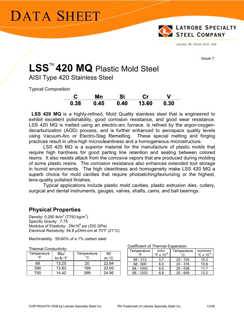 LSSTM 420 MQ Plastic Mold Steel