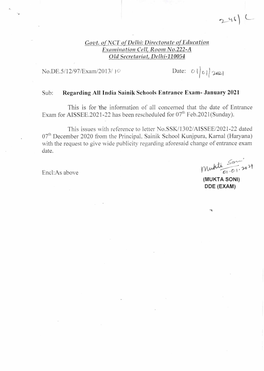 Govt. of NCT of Delhi: Directorate of Education Examination Cell, Room No.222-A Old Secretariat, Delhi-110054