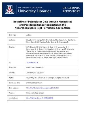 Recycling of Paleoplacer Gold Through Mechanical and Postdepositional Mobilization in the Neoarchean Black Reef Formation, South Africa