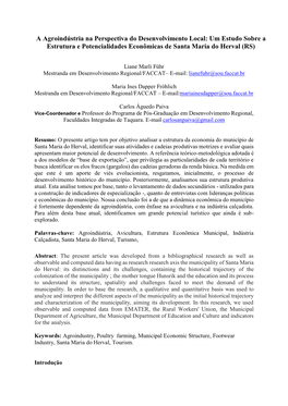 A Agroindústria Na Perspectiva Do Desenvolvimento Local: Um Estudo Sobre a Estrutura E Potencialidades Econômicas De Santa Maria Do Herval (RS)