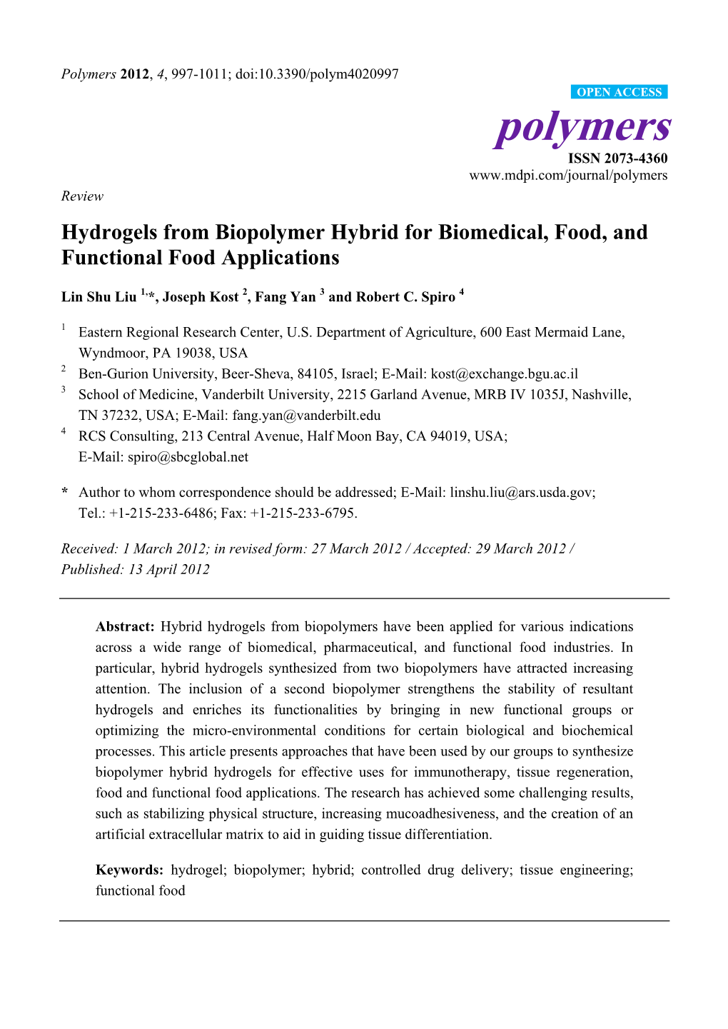 Hydrogels from Biopolymer Hybrid for Biomedical, Food, and Functional Food Applications