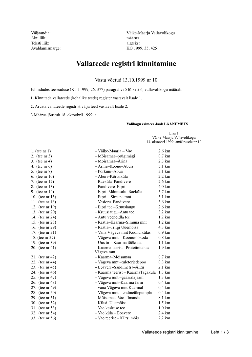 Vallateede Registri Kinnitamine