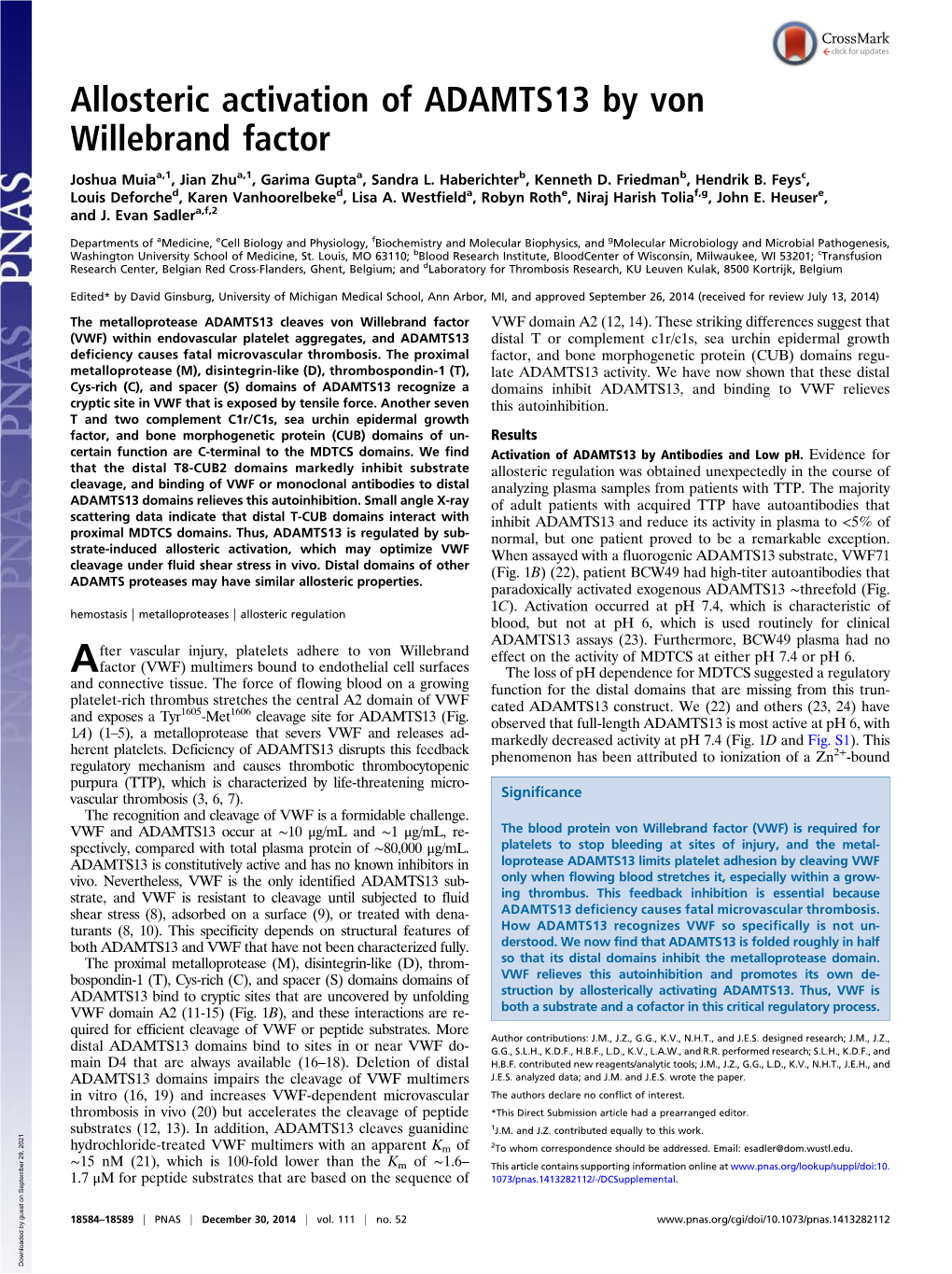 Allosteric Activation of ADAMTS13 by Von Willebrand Factor