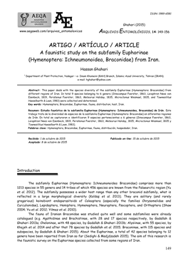 ARTIGO / ARTÍCULO / ARTICLE a Faunistic Study on the Subfamily Euphorinae (Hymenoptera: Ichneumonoidea, Braconidae) from Iran