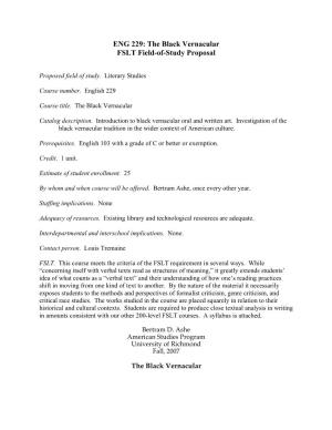 ENG 229: the Black Vernacular FSLT Field-Of-Study Proposal