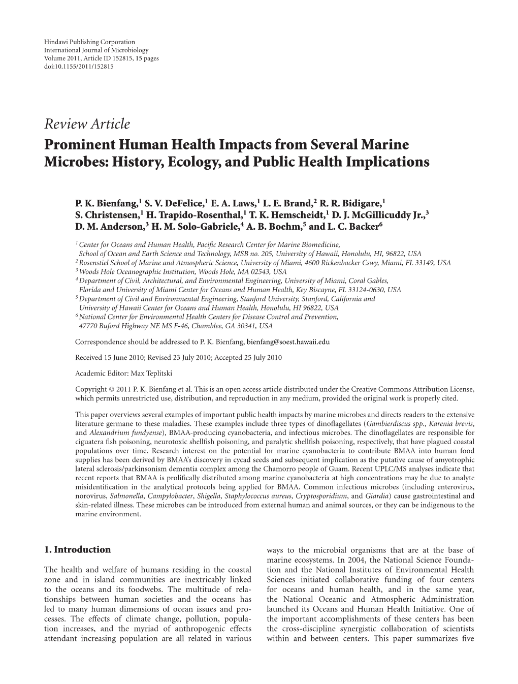 Prominent Human Health Impacts from Several Marine Microbes: History, Ecology, and Public Health Implications