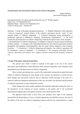 Transformation and Functional Evolution of the Collective Bargaining Stefano Bellomo Università Di Perugia, Italia Internation