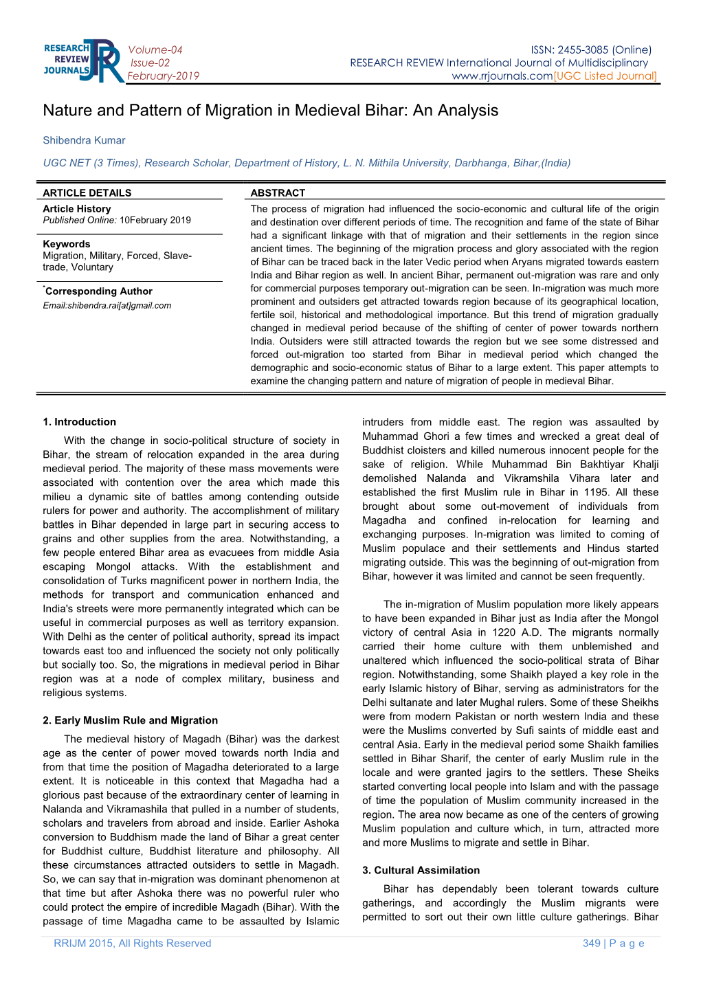 Nature and Pattern of Migration in Medieval Bihar: an Analysis