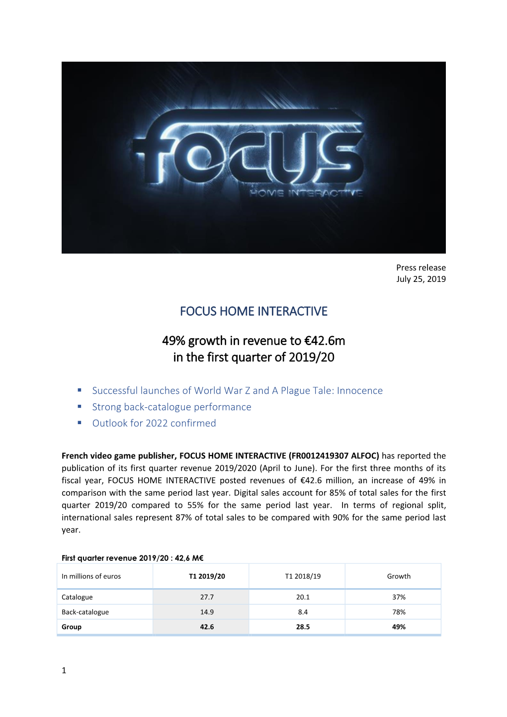 FOCUS HOME INTERACTIVE 49% Growth in Revenue to €42.6M in The
