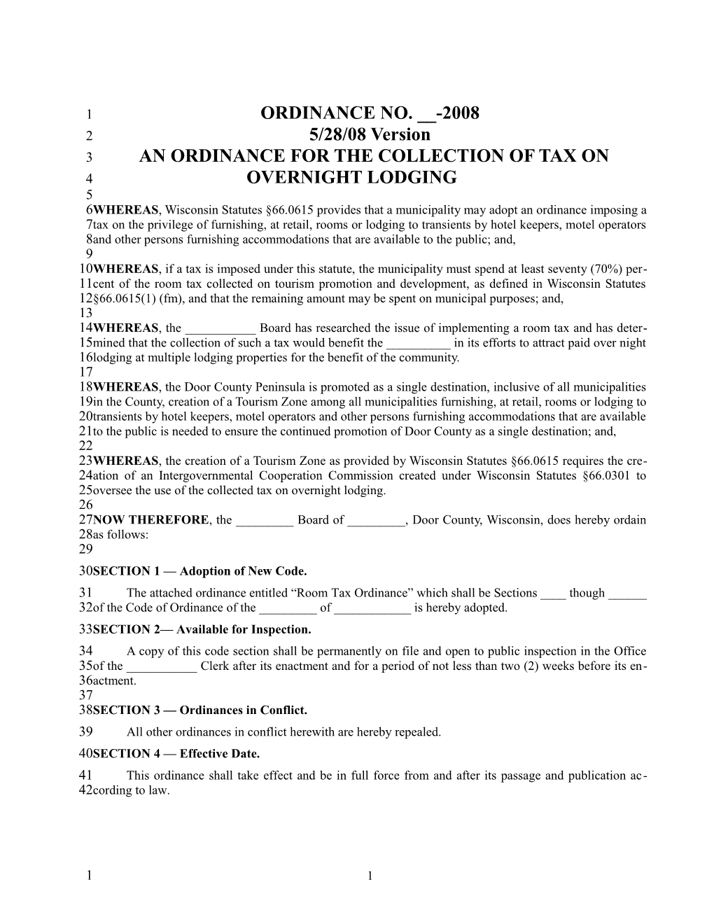 An Ordinance for the Collection of Tax on Overnight Lodging