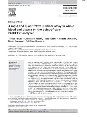 A Rapid and Quantitative D-Dimer Assay in Whole Blood and Plasma on the Point-Of-Care PATHFAST Analyzer ARTICLE in PRESS