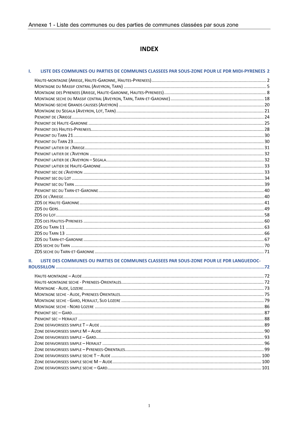 Annexe 1 - Liste Des Communes Ou Des Parties De Communes Classées Par Sous Zone