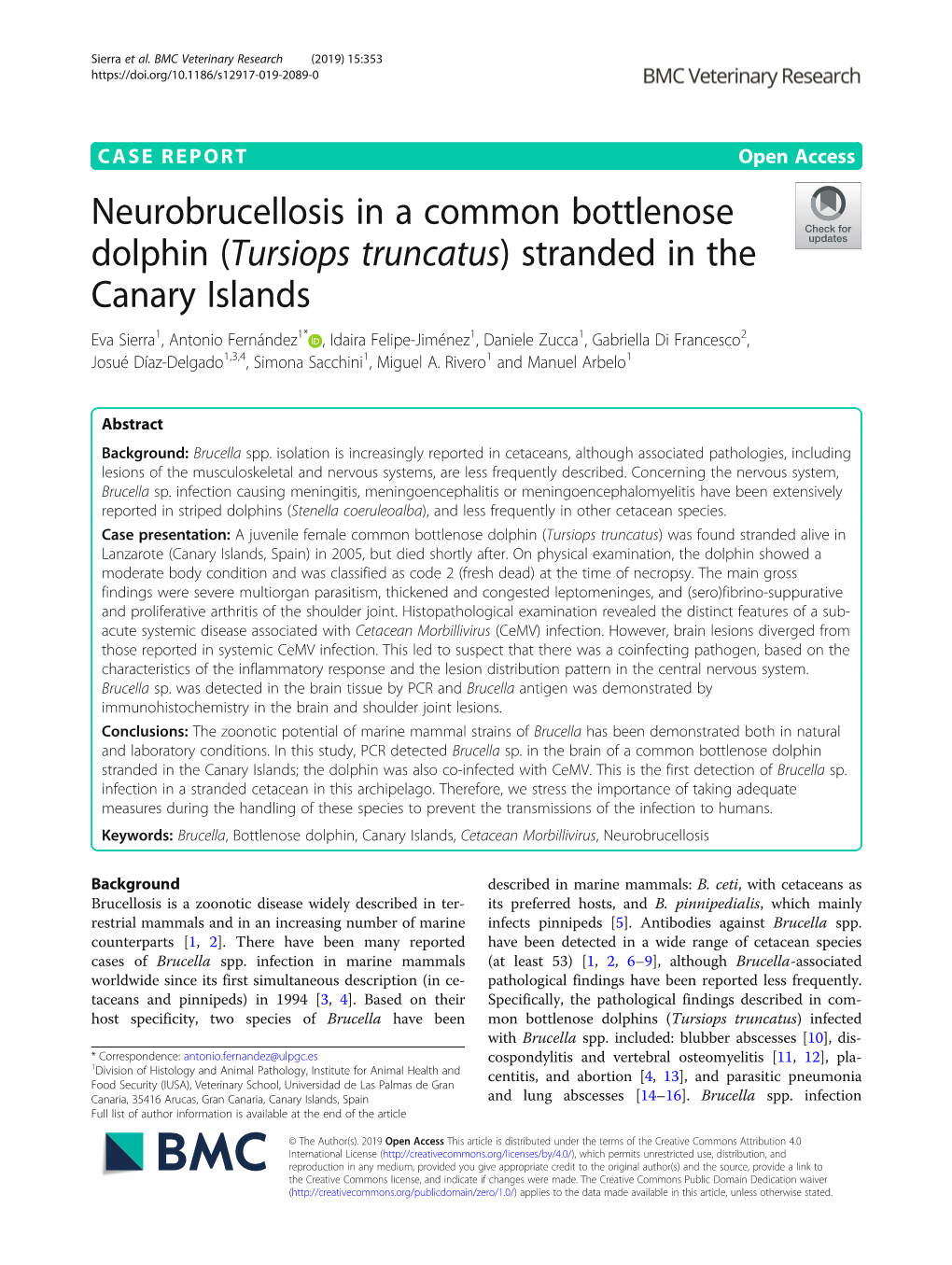 Neurobrucellosis in a Common Bottlenose Dolphin (Tursiops