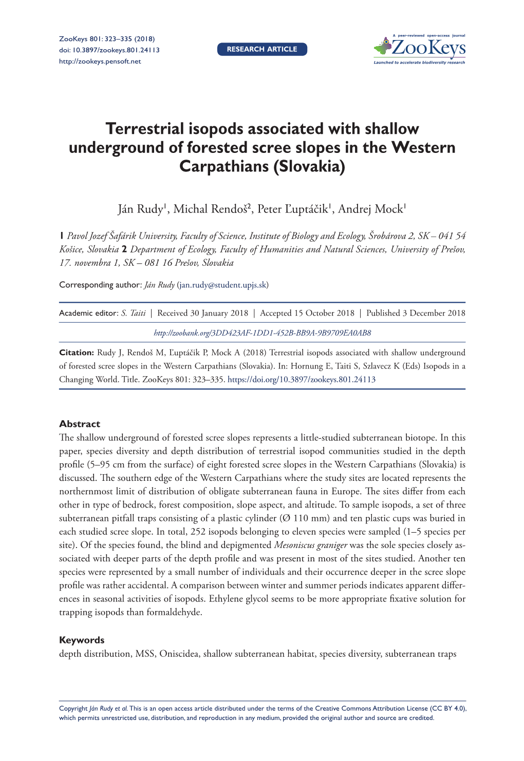 Terrestrial Isopods Associated with Shallow Underground of Forested Scree Slopes in the Western Carpathians (Slovakia)