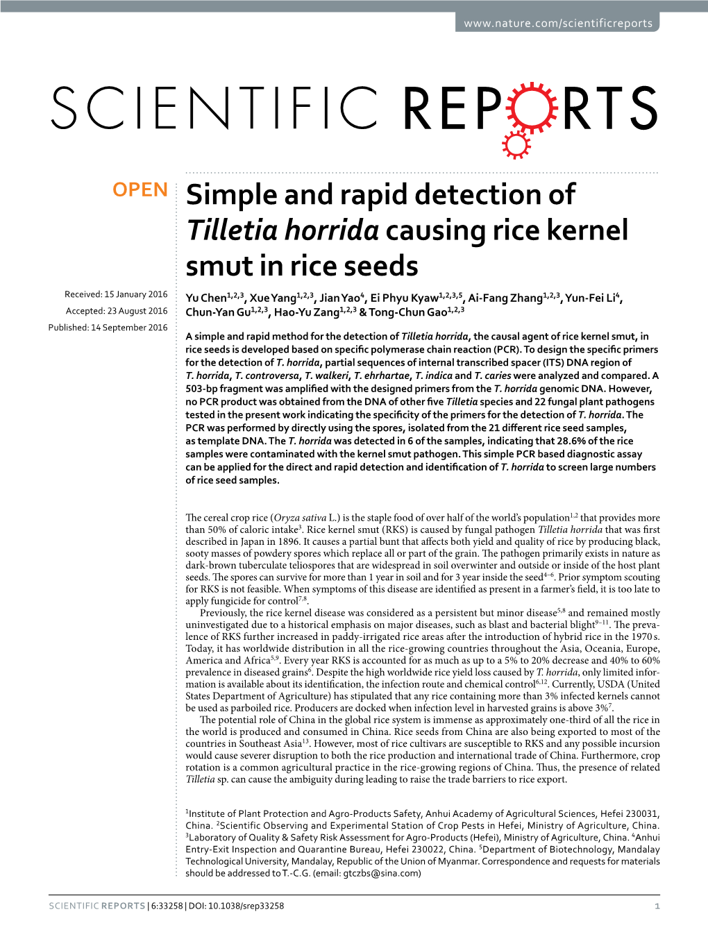 Simple and Rapid Detection of Tilletia Horrida Causing Rice Kernel Smut In