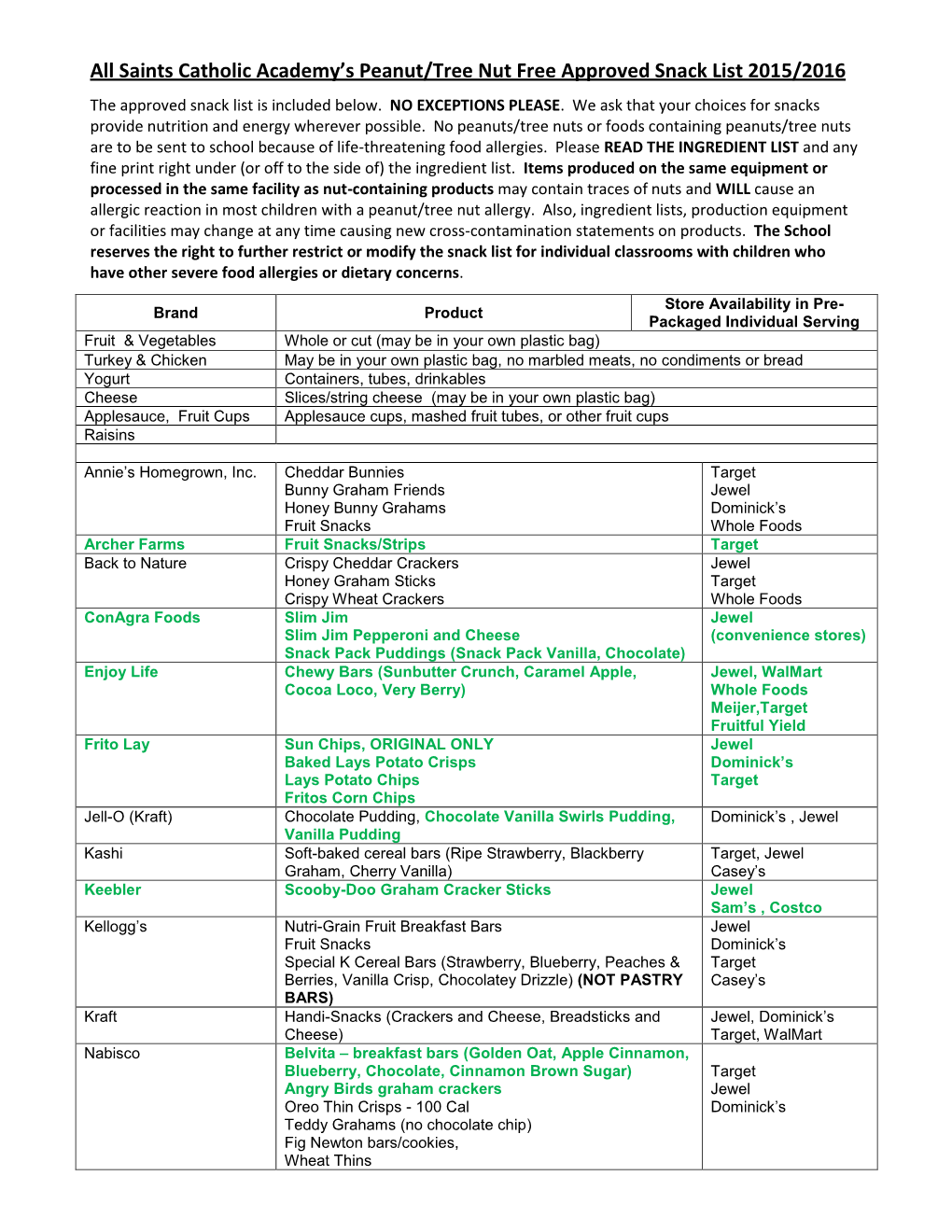 All Saints Catholic Academy's Peanut/Tree Nut Free Approved