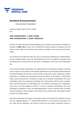 Dividend Announcement - Convenience Translation