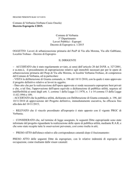 Comune Di Verbania (Verbano Cusio Ossola) Decreto Esproprio 1/2015