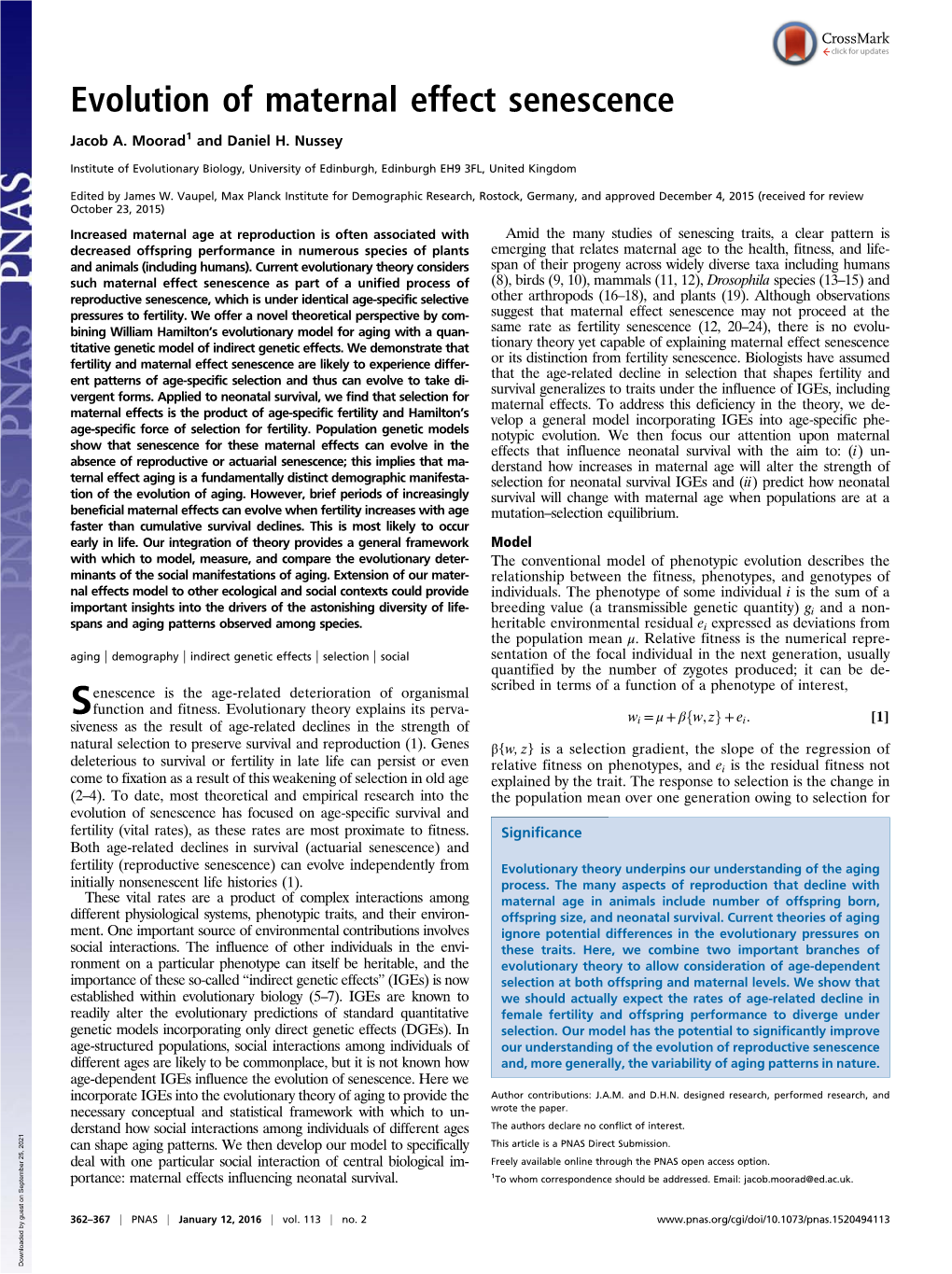 Evolution of Maternal Effect Senescence