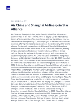 Air China and Shanghai Airlines Join Star Alliance