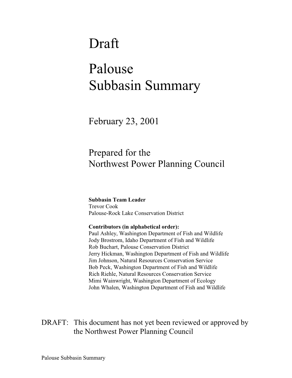 Draft Palouse Subbasin Summary