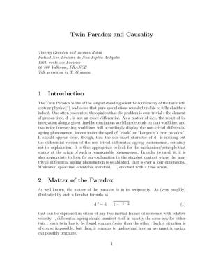 Twin Paradox and Causality 1 Introduction 2 Matter of the Paradox